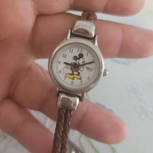 Disney Mickey Mouse Braided Leather Strap Watch - White Dial, Brown Strap